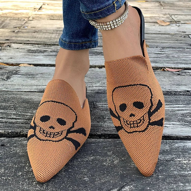 Casual Skull Print Pointy Toe Breathable Knit Mules