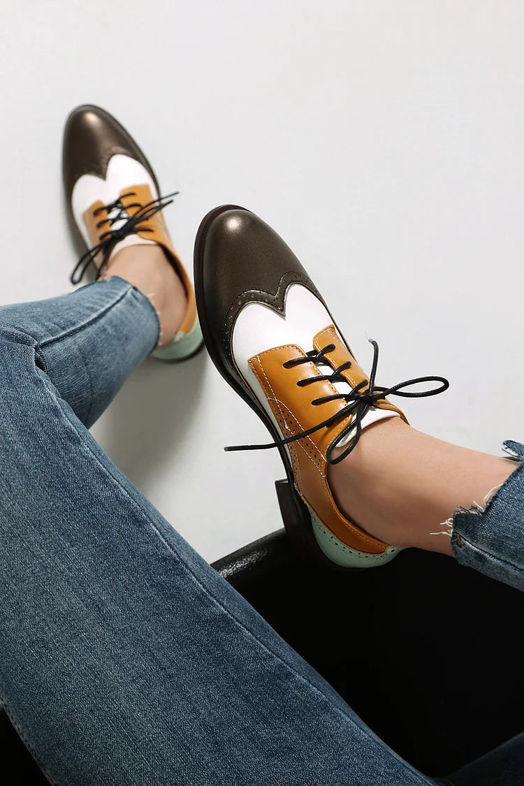 Colorblock Patchwork Round Toe Low Block Heel Lace Up Brogue Oxfords