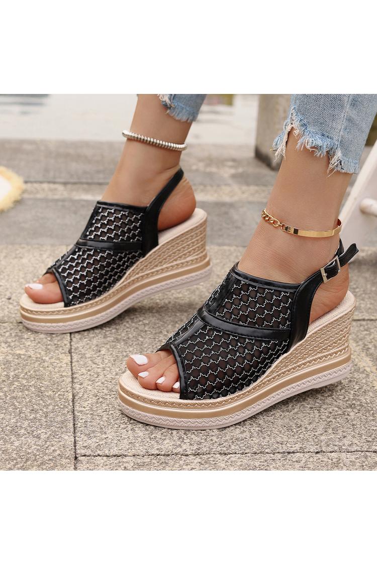 Zeppe casual in rete con cinturino alla caviglia con fibbia e punta aperta patchwork