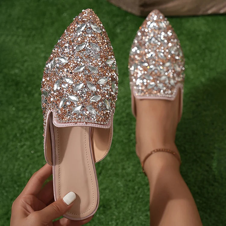 Glitter Sequins Rhinestone Decor Pointy Toe Slides Mules