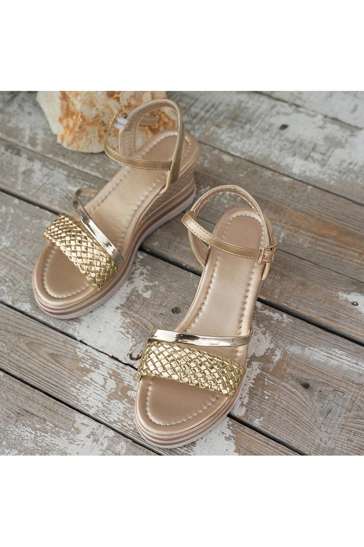 Sandali casual con zeppa, punta rotonda, cinturino intrecciato e finitura metallizzata