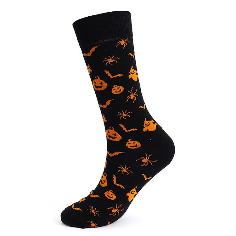 Calcetines de media pantorrilla con estampado de dibujos animados de araña, calavera y calabaza de fantasmas para Halloween 