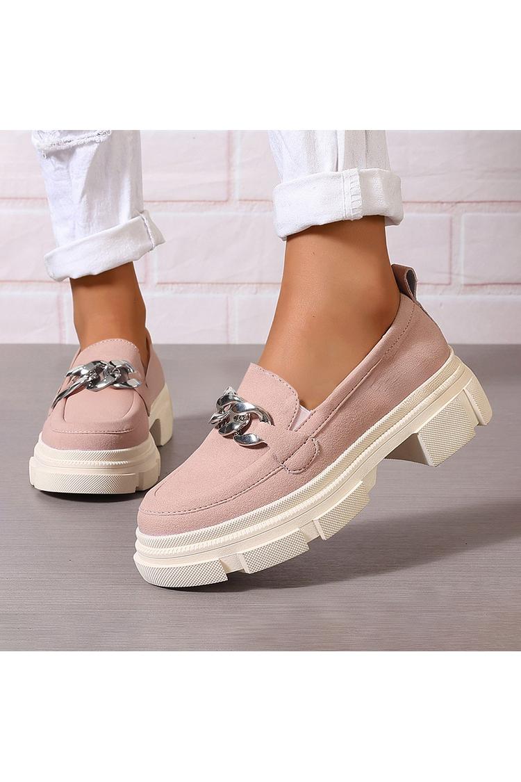 Einfarbige Metallkette Dekor Rundzehen Klobiger Absatz Loafers