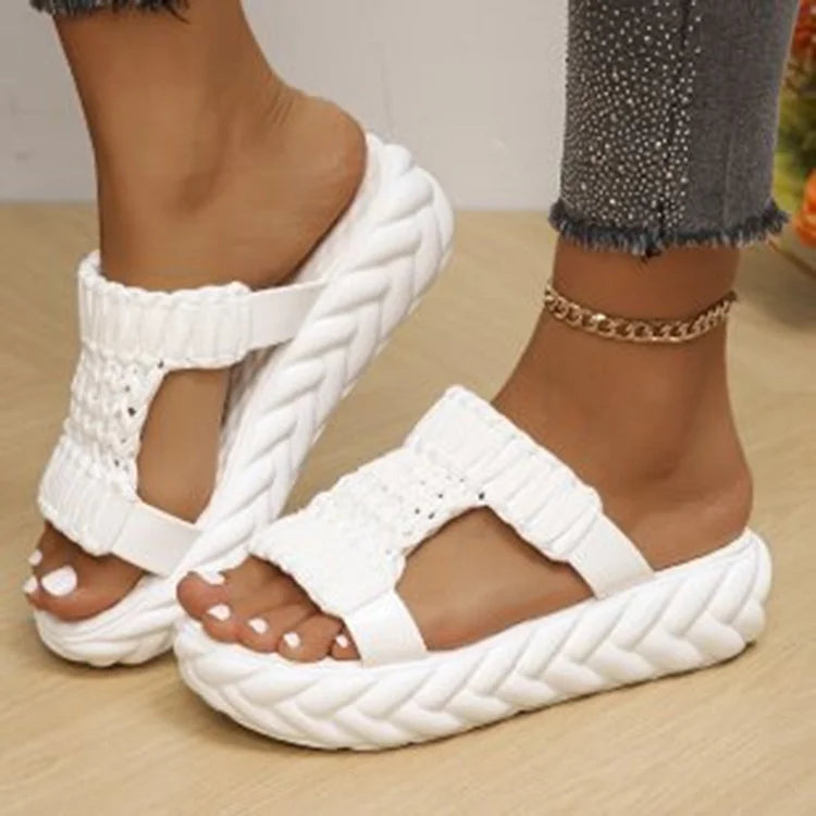 Colorblock Knitted Cutout Open Toe Casual Platform Slippers