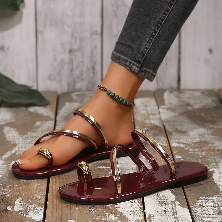 Metallic Sheen Patchwork Colorblock Toe Ring Casual Slippers