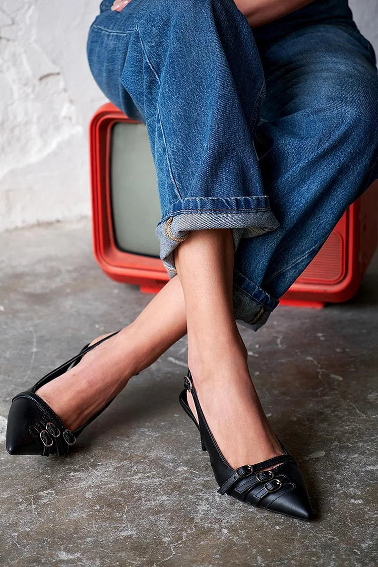 Scarpe con tacco a spillo nere con cinturini e fibbie a punta [Pre-ordine]