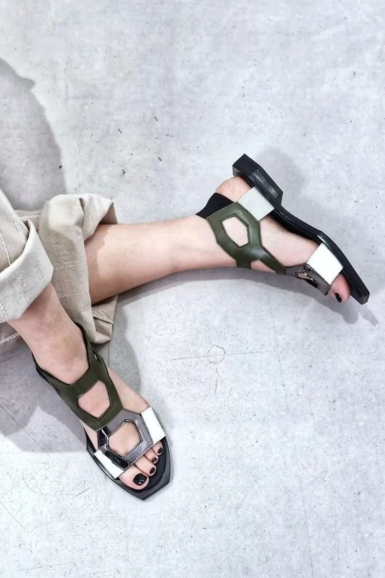 Chic Multi Color Block Geometric Cutout Square Toe Sandals [Pre Order]