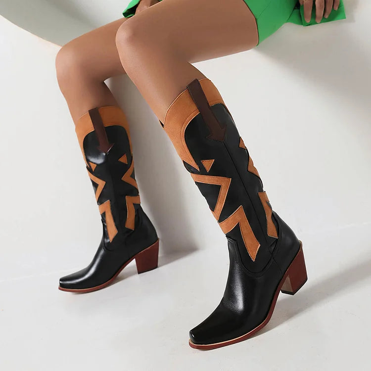 Colorblock Patchwork Pointed Toe Chunky Heel Western Boots