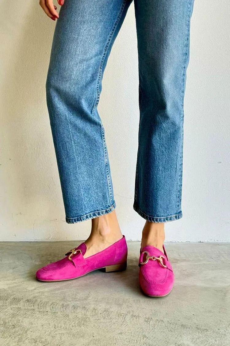 Round Toe Metallic Buckle Decor Casual Fuchsia Loafers