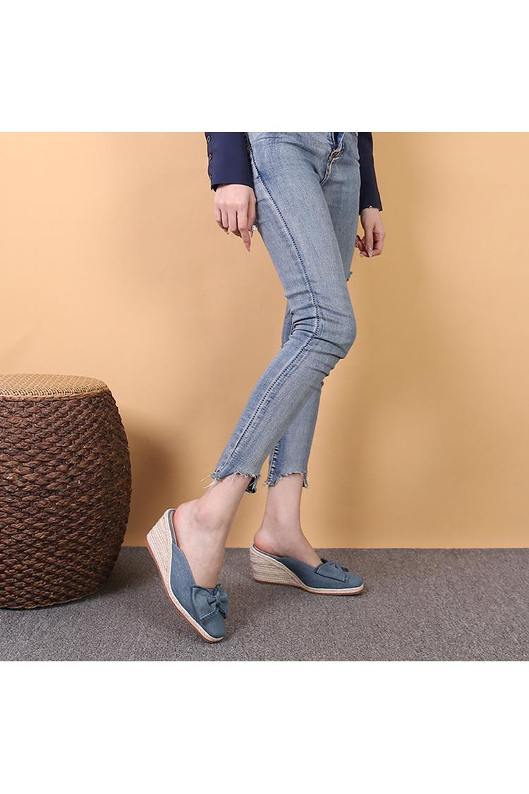 Raw Edge Bow Decor Solid Color Square Toe Casual Wedge Heels
