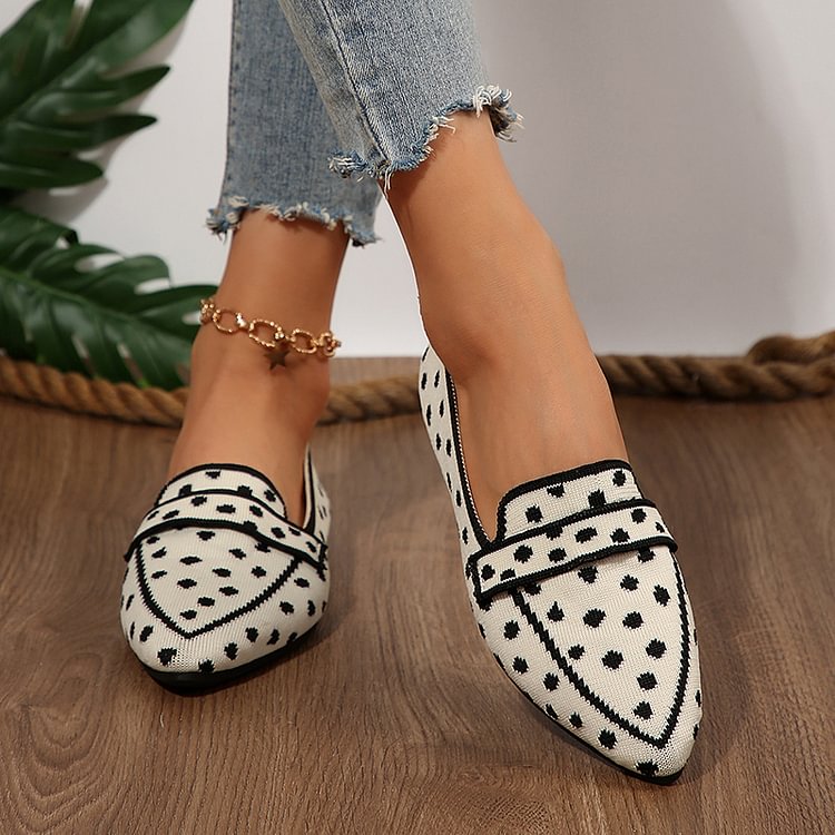 Dot Pattern Contrast Trim Pointed Toe Patchwork Flats