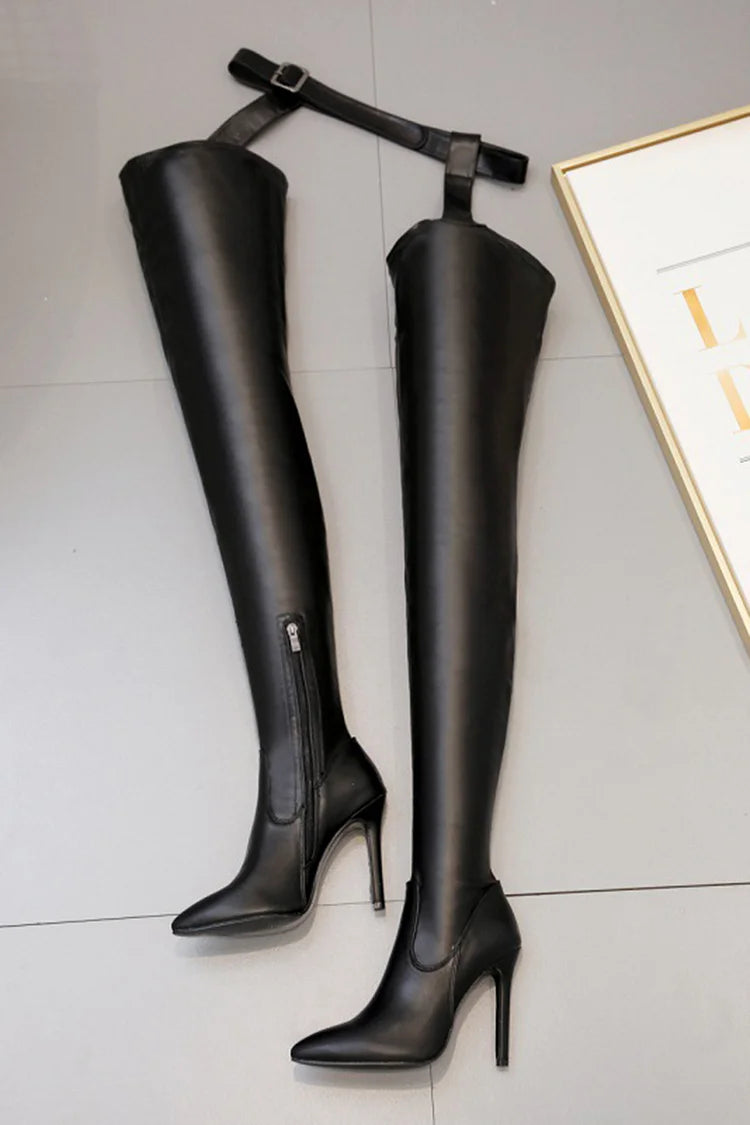 Solid Color Pointed Toe Stiletto Heel Belt Over The Knee Boots