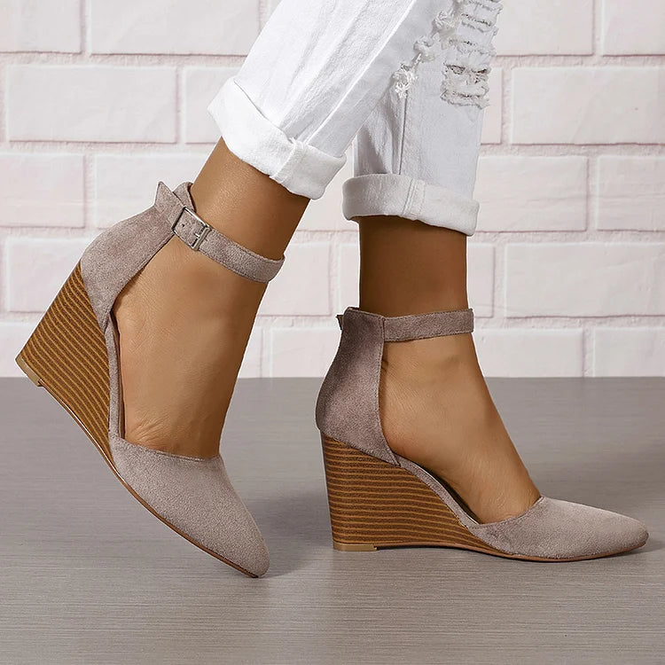 Pointy Toe Ankle Strap Buckle Solid Color Wedge Heels