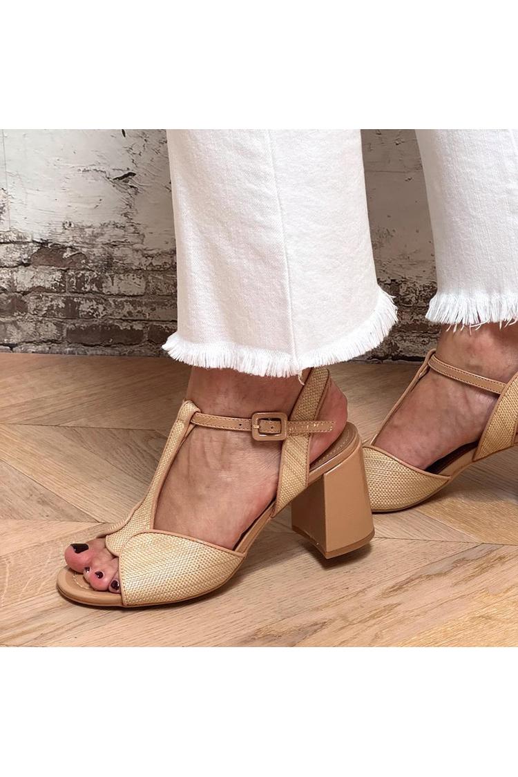 Scarpe con tacco grosso color cachi, punta rotonda, fibbia e cinturino a T patchwork [Pre-ordine]