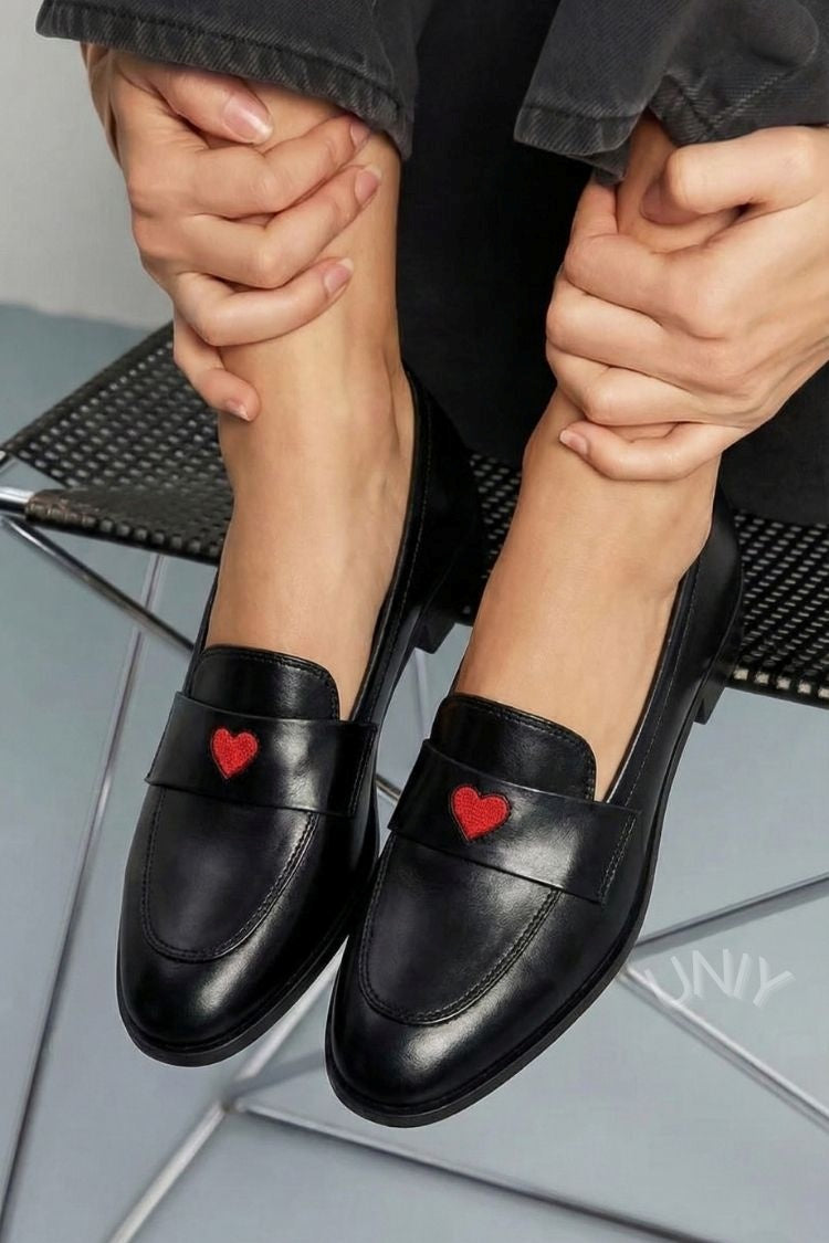 Vintage Black Leather Red Heart Embroidered Penny Loafers [Pre Order]