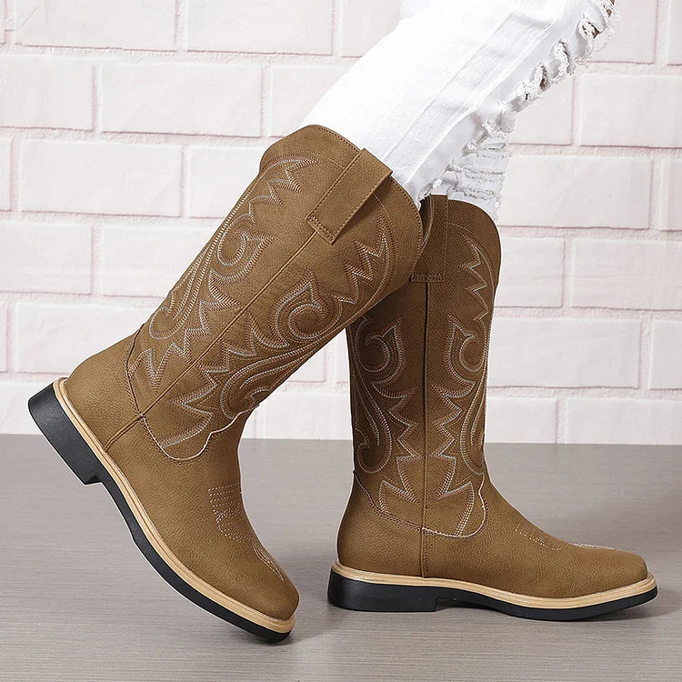 V Groove Embroidery Stitch Detail Square Toe Patchwork Mid Calf Boots