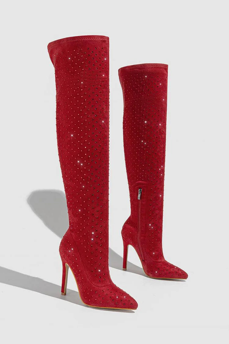 Rhinestone Decor Pointed Toe Stiletto Heel Over The Knee Boots