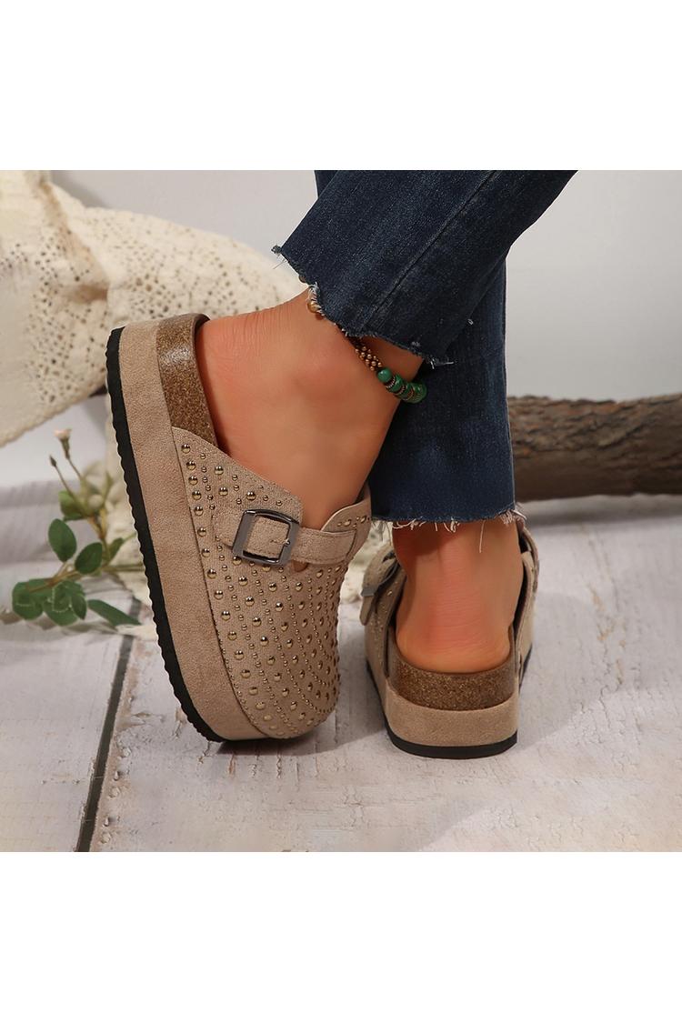 Pantofole casual con punta rotonda, fibbia e cinturino decorati con perforazione a caldo 