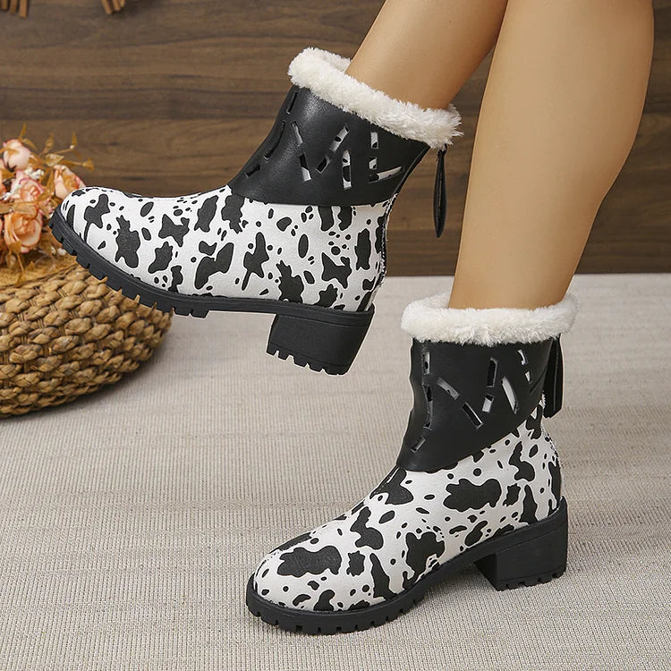 Fuzzy Cow Print Hollow Out Patchwork Round Toe Schneestiefel