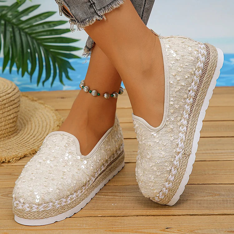 Sequin Woven Espadrille Round Toe Plain Platform Loafers