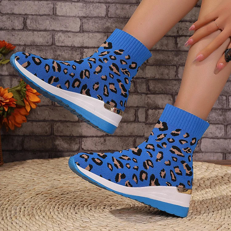 Knit Leopard Pattern Round Toe Wedge Heel Ankle Boots