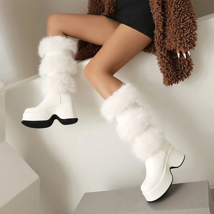 Solid Color Fluffy Trim Round Toe Chunky Heel Platform Mid Calf Boots