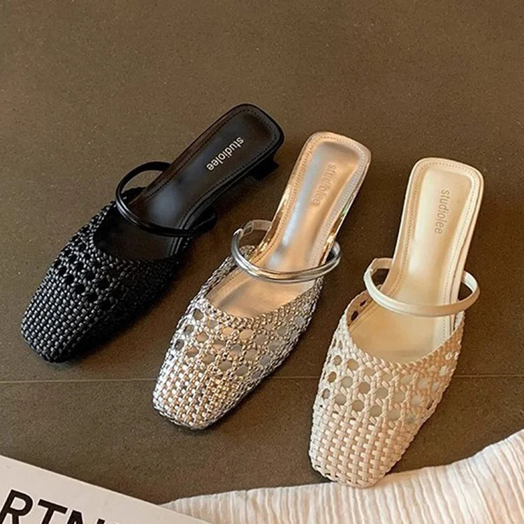 Häkeln Gewebt Hohl Niedriger Spann Riemen Quadratische Zehe Absatz Aus Mules