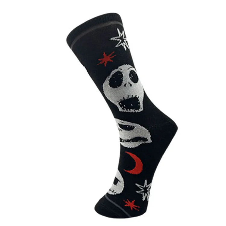 Calcetines de media pantorrilla con estampado de calavera, luna y esqueleto aterrador para Halloween 