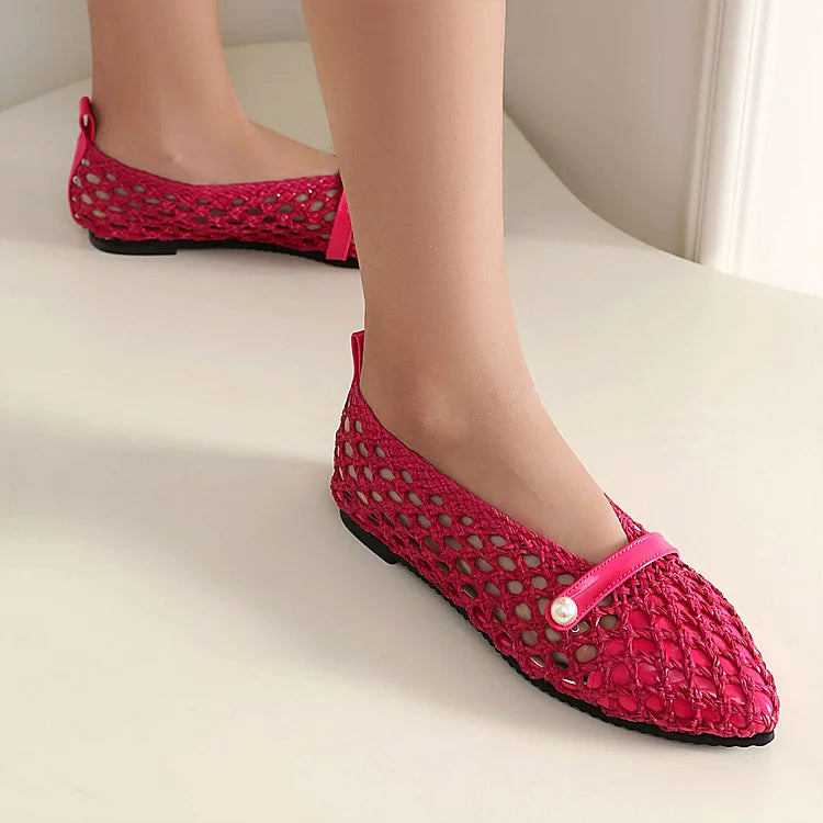 Patchwork Hollow Out Fishnet Instep Strap Pointed Toe Flats