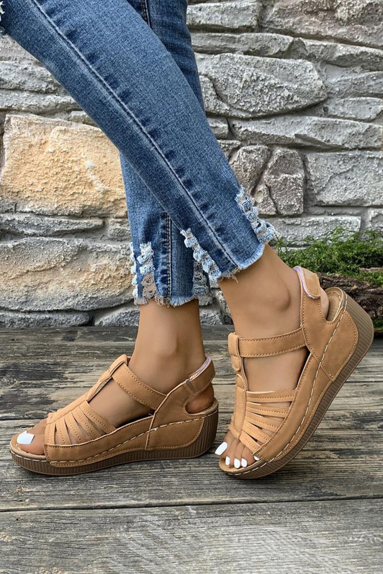 Sandali casual con zeppa, punta tonda e cinturino a T in tinta unita