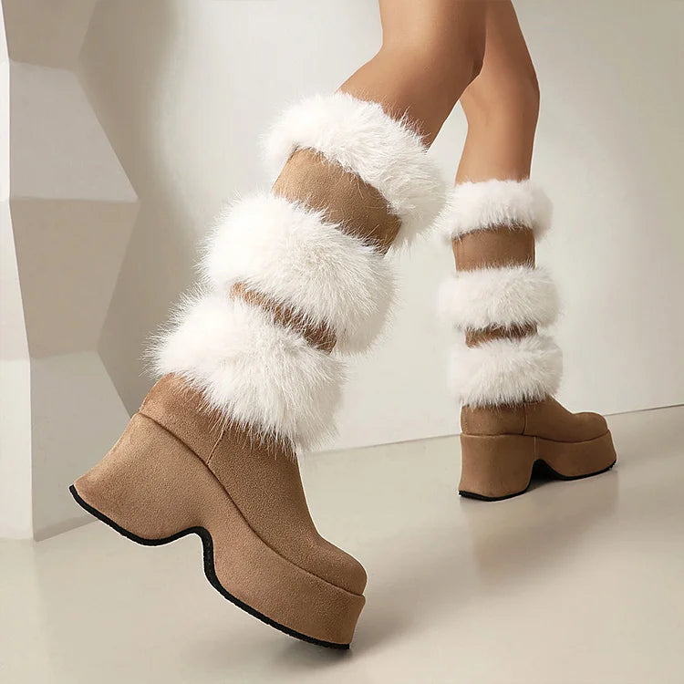 Colorblock Fluffy Trim Round Toe Chunky Heel Platform Mid Calf Boots