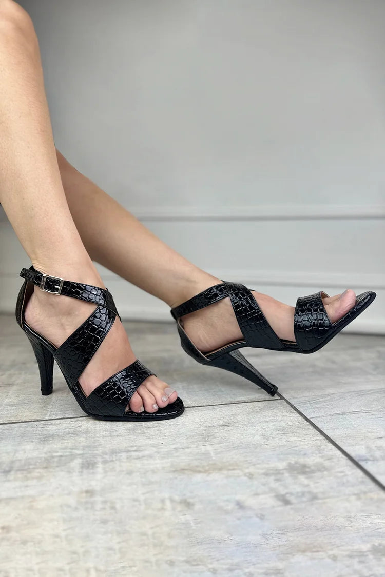 Crocodile Print Cross Strap Buckle Black Stiletto Heels [Pre Order]