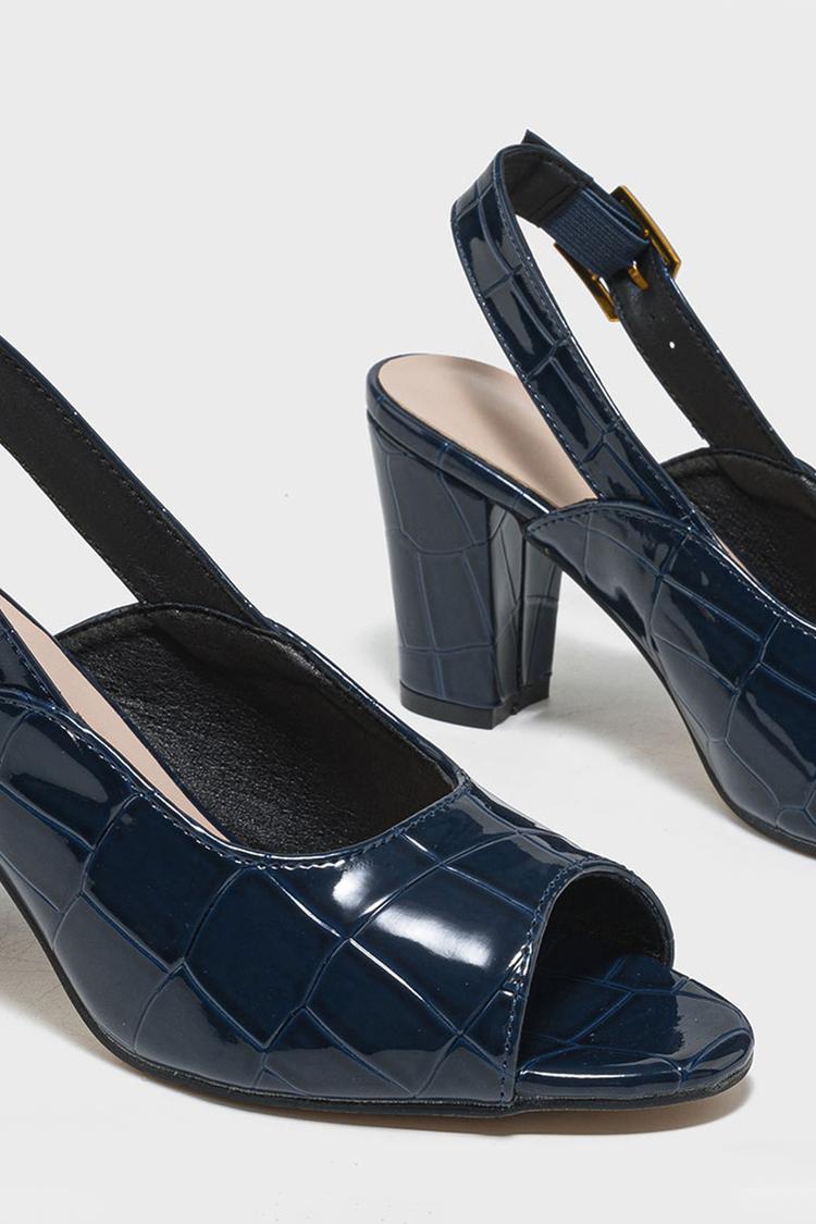 Scarpe con tacco grosso, cinturino con fibbia e stampa coccodrillo con punta aperta