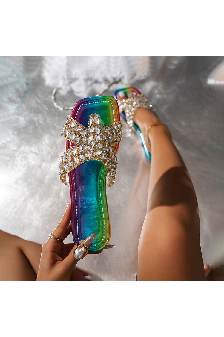 Ciabatte infradito multicolor con punta quadrata e decorazioni in strass