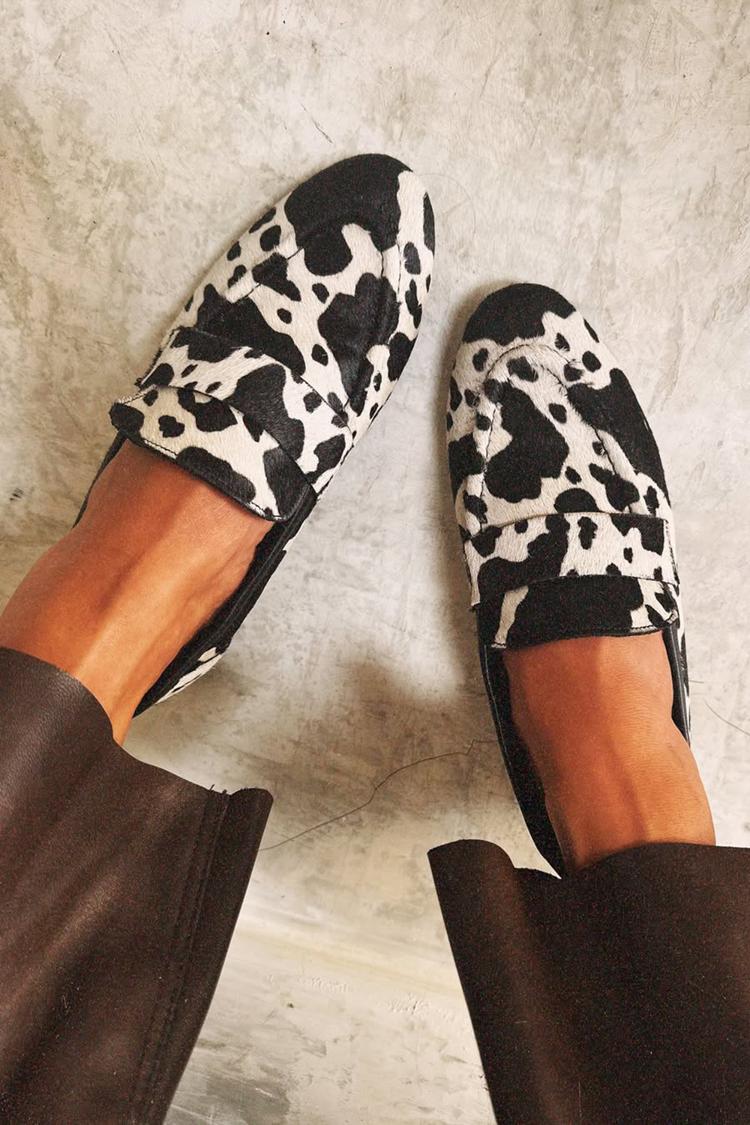 Cow Pattern Patchwork Round Toe Black Loafers [Pre Order]