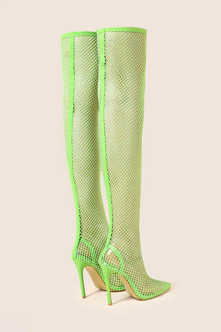 Hollow Out Mesh Pointed Toe Stiletto Heel Pull On Over The Knee Boots