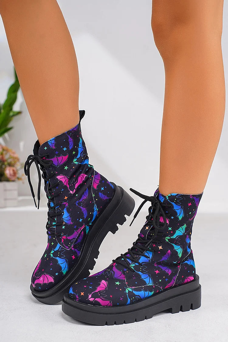 Flower Skull Print Round Toe Casual Lace Up Ankle Boots