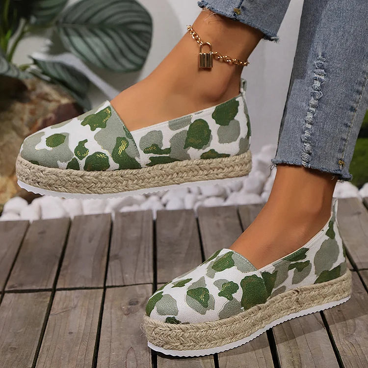 Leopard Pattern Print Low-Top Round Toe Platform Espadrille Loafers