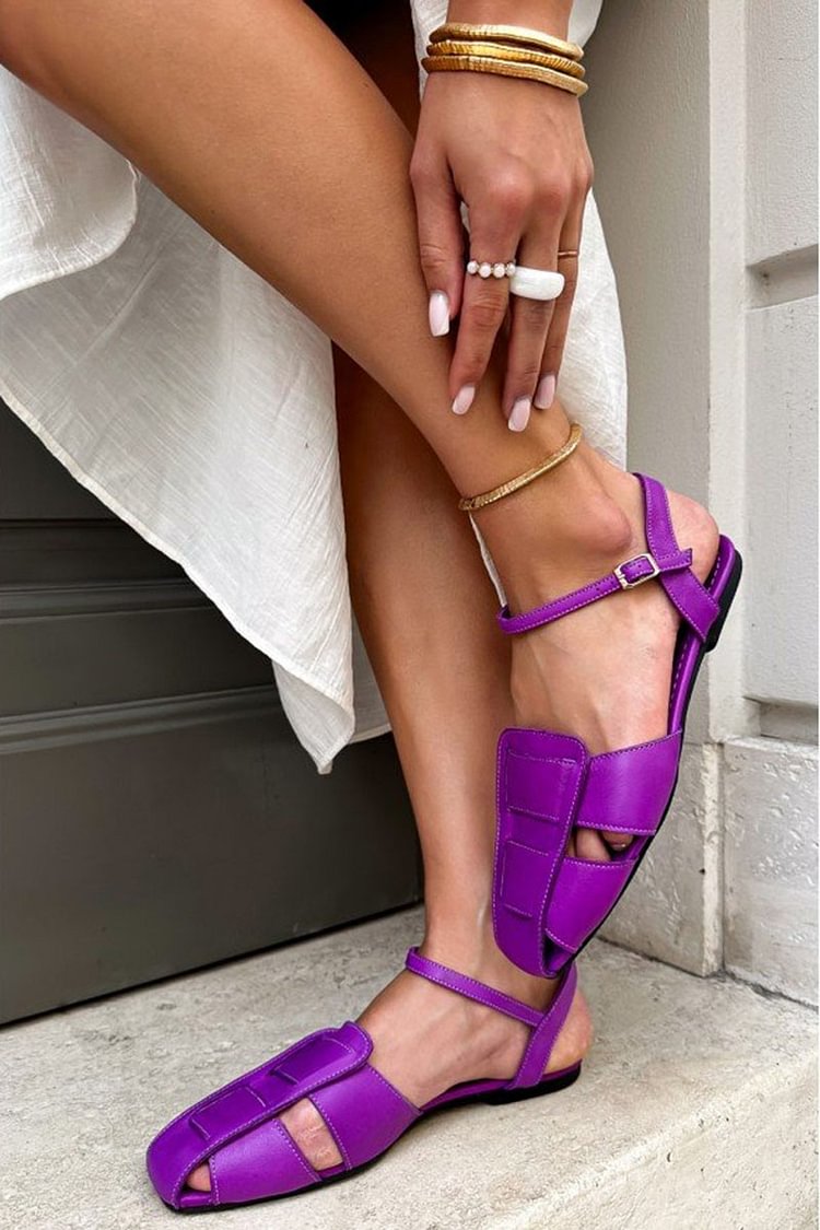 Hollow Out Square Toe Solid Color Purple Flats [Pre Order]