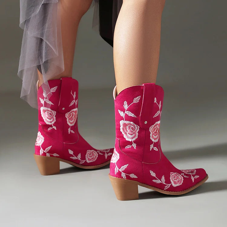 Floral Embroidery Pointed Toe Chunky Heel Western Boots