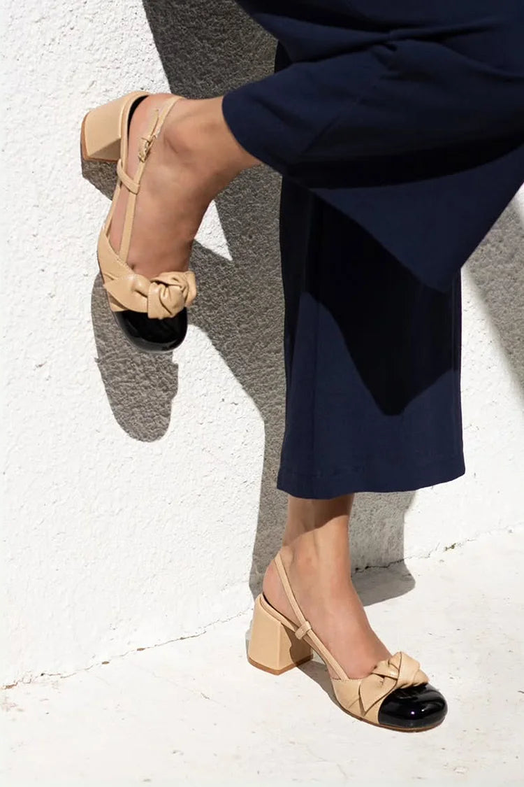 Scarpe con tacco grosso color block e punta tonda, cinturino posteriore color cachi [Pre-ordine]