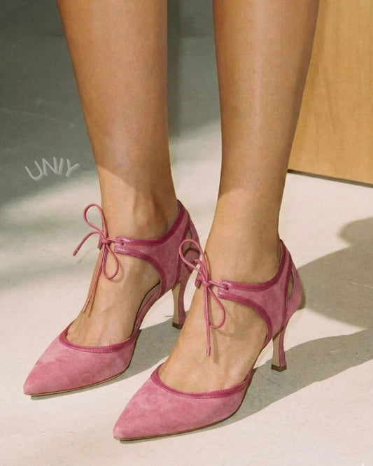 Chic støvet lyserød spids tå med sløjfedetalje kitten heels