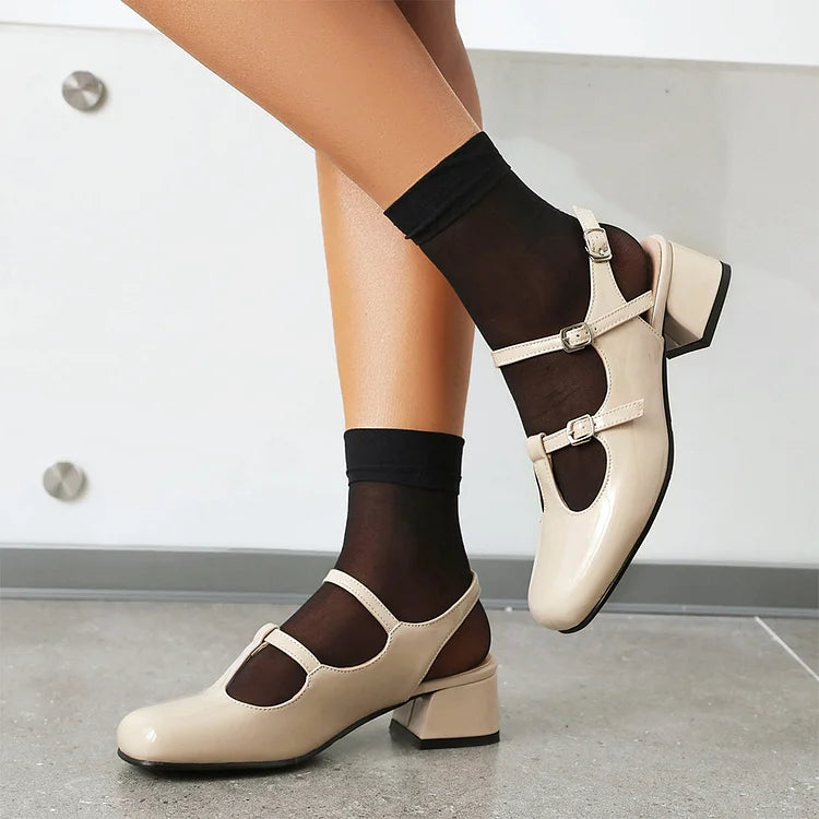 Cinghie sul collo del piede, fibbie, tinta unita, punta quadrata, cinturino posteriore, tacco grosso