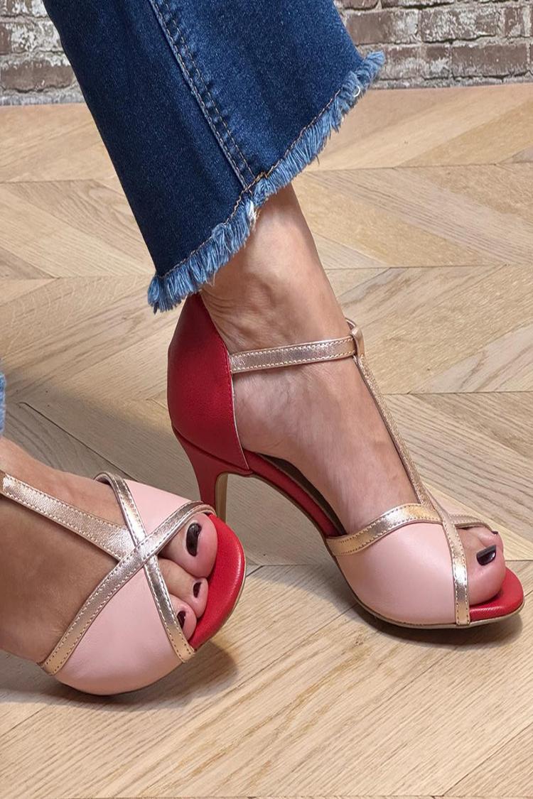 Scarpe con tacco a spillo rosse con cinturino a T e fibbia color block [Pre-ordine]