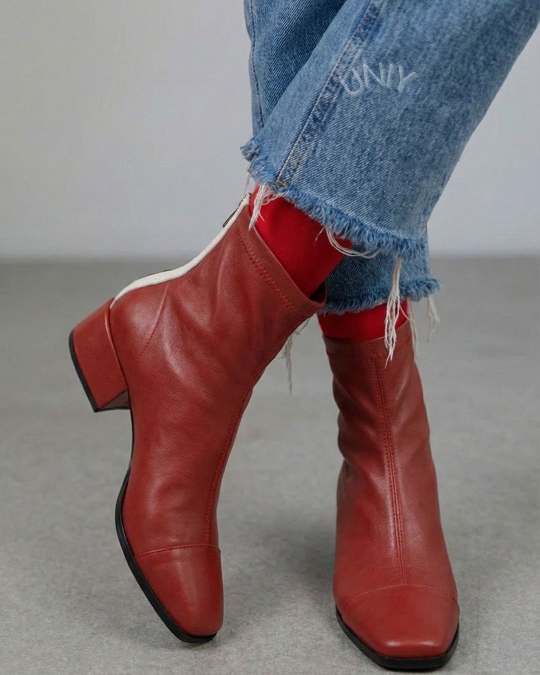 Red Leather Square Toe Block Heel Ankle Boots  [Pre Order]