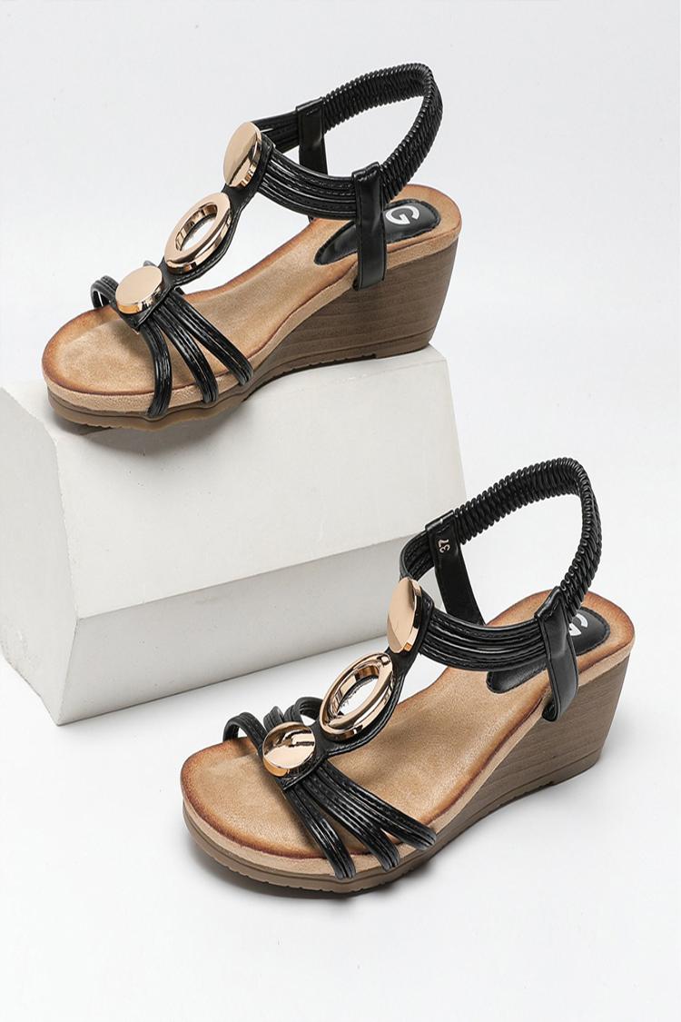 Metal Decor Boho Style Round Toe Casual Beach Wedge Sandals