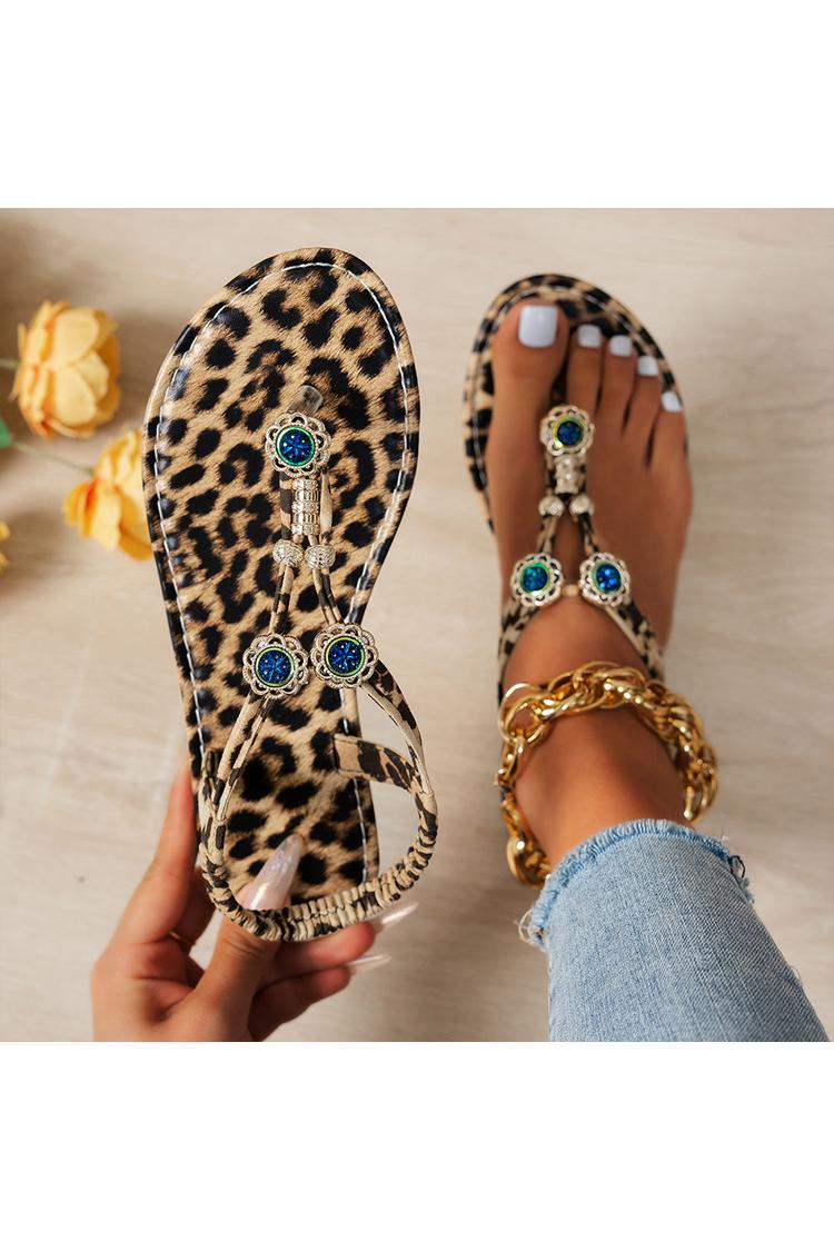 Sandali infradito casual con punta tonda e decorazioni floreali con stampa leopardata