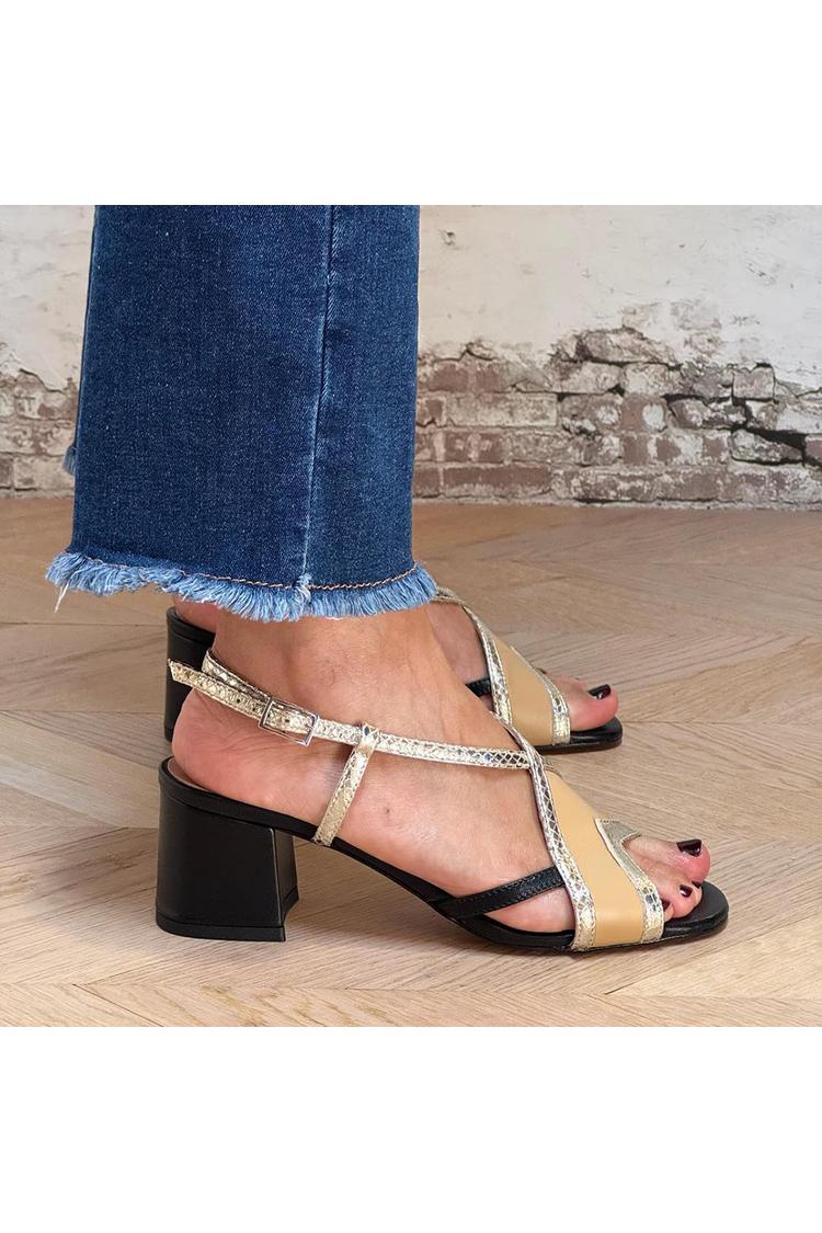 Scarpe con tacco grosso, punta aperta, fibbia e cinturino in vernice metallizzata patchwork [Pre-ordine]