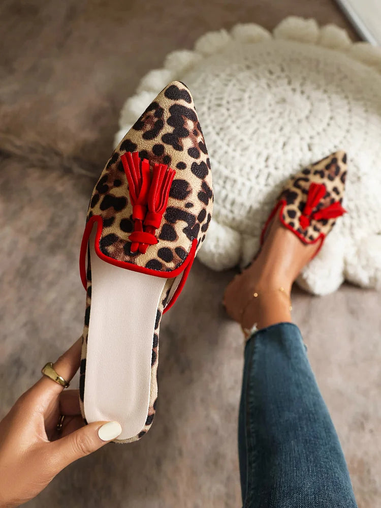 Leopard Print Colorblock Tassels Pointy Toe Shoes Slip On Mules