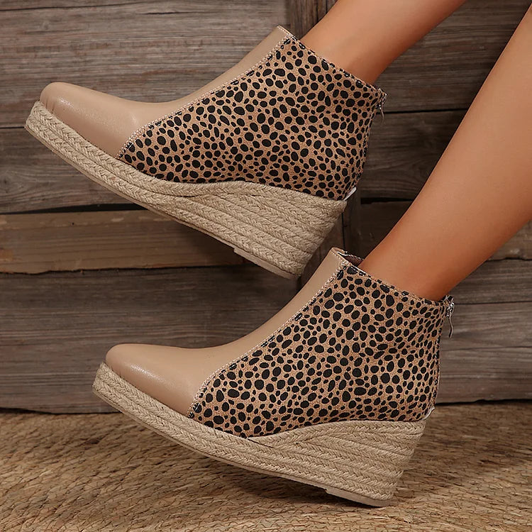 Leopard Print Patchwork Quilted Pointy Toe Wedge Espadrille Ankle Boots